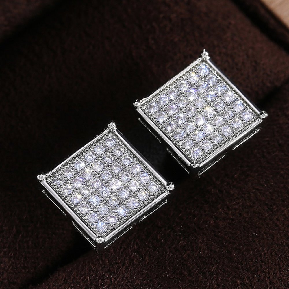 Unisex Silver Plated CZ Square Stud Earrings - Picture 4 of 7